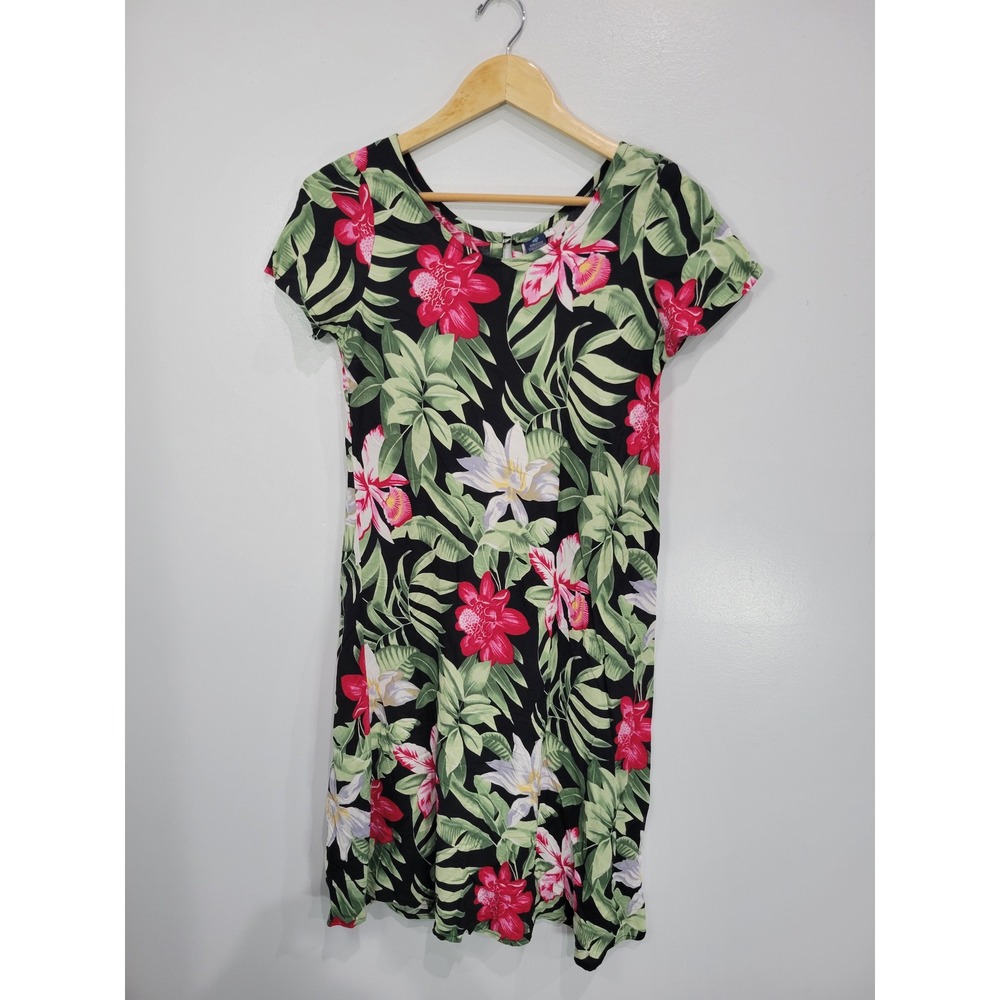 Hibiscus Collection Hawaii Womens Small Tropical Floral Rayon‎ Shift Dress Black